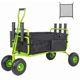 Fishing Cart Beach Cart Collapsible Wagon 9.85'' All-Terrain Wheels for Sand, Heavy Duty Garden Cart with Rod Holders